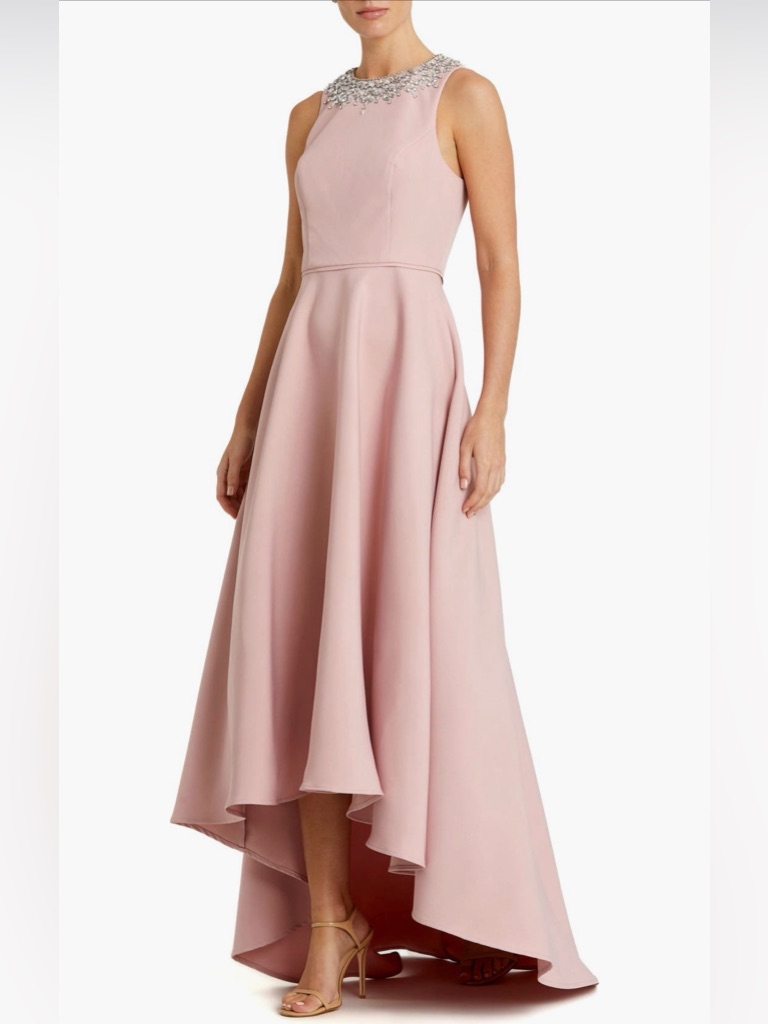 Mac Duggal Crepe Embellished Neck High Low Gown Nwt